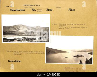 Celilo Falls und Bonneville Pool. Originalunterschrift (38-1135): Celilo Falls, alte indische Lachsfischplätze, heute in den USA verwendet Nr. 30 und über den Dalles. Originalunterschrift (38-1136): Bonneville Pool aus den USA Nr. 30 östlich von Hood River. Gesendet von H. E. Mitchell mit Schreiben vom 28. März 1938. Bundesstaat: Oregon. Stockfoto