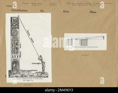 Messen eines zugänglichen Turms mit Umbra Recta und Diagramm zur Veranschaulichung der Chaucer-Methode. Originalüberschrift: Aus: Early Science in Oxford, Vol. V. von Robert W. T. Gunther, Oxford, 1929. Stockfoto