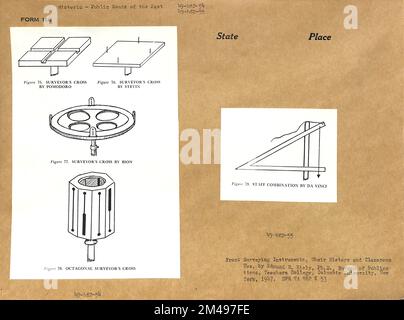 Kreuze des Vermessers von Pomodoro, Stevin und Bion, achteckiges Kreuz des Vermessers, Mitarbeiterkombination von Da Vinci. Originaltitel: Von: Survey Instruments, Your History and Classroom Use, von Edmund Kiely, Ph.D., Bureau of Publications, Teachers College, Columbia University, New York 1947. Stockfoto
