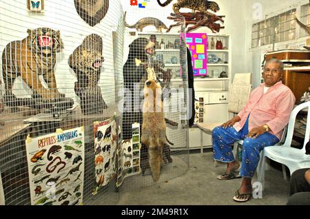 Ein Mann wird mit zoologischen Exemplaren fotografiert, die in einem Raum ausgestellt werden, der als Mini-Museum für Kinder in seinem Haus in Gegerkalong, Bandung, West Java, Indonesien, diente. Die meisten Exemplare wurden während seines Militärdienstes gesammelt. Stockfoto