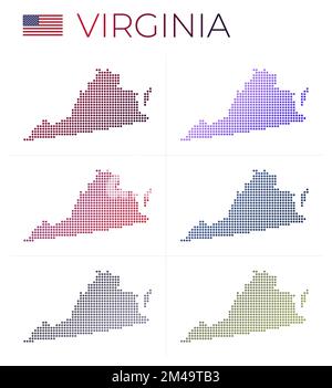 Virginia gepunktete Karten. Karte von Virginia im gepunkteten Stil. Grenzen des US-Bundesstaates mit schönen glatten Gradientenkreisen. Stock Vektor
