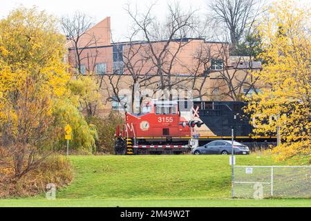 CN Train (Canadian Nation Railway), Transport von Fracht am Bahnübergang, Richmond Hill, Ontario, Kanada Stockfoto