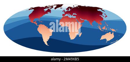 Weltkartenvektor. Bromley-Projektion. Welt in rot-orangen Gradienten auf tiefblauen Ozeanwellen. Elegante Vektorillustration. Stock Vektor