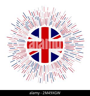 Zeichen für Großbritannien. Landflagge mit bunten Rochen. Strahlendes Sonnenlicht mit britischer Flagge. Vektordarstellung. Stock Vektor
