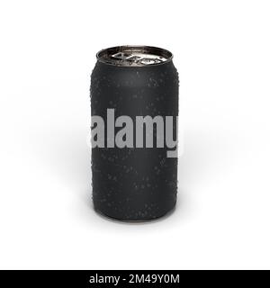 Bierdose aus mattschwarzem Titan mit Wassertröpfchen, isoliert auf weiß, für Modelle und Illustrationen, 3D-Rendering. Stockfoto