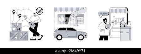 Safe Shopping abstraktes Konzept Vektor Illustration Set. Kontaktlose Lieferung, Drive-in-Restaurant, Lebensmittelabholservice, Online-Bestellung von Lebensmitteln, Take Away, abstrakte Metapher des E-Commerce-Shops. Stock Vektor