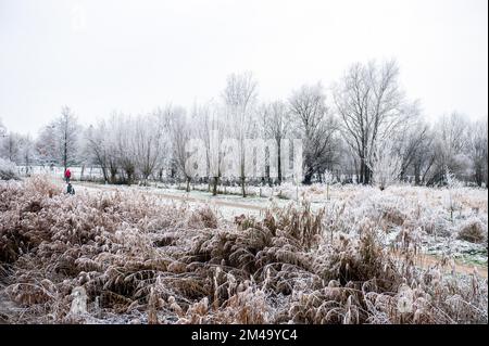 Breda, Niederlande. 18.. Dezember 2022. Blick auf eine weiße Landschaft an einem kalten Tag. Aufgrund der sehr niedrigen Temperaturen (ca. -11 Grad Celsius in der Nacht) an diesem Wochenende dämmen einige Teile des Südens des Landes mit spektakulären weißen Landschaften. Kredit: SOPA Images Limited/Alamy Live News Stockfoto