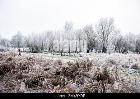 Breda, Niederlande. 18.. Dezember 2022. Blick auf eine weiße Landschaft an einem kalten Tag. Aufgrund der sehr niedrigen Temperaturen (ca. -11 Grad Celsius in der Nacht) an diesem Wochenende dämmen einige Teile des Südens des Landes mit spektakulären weißen Landschaften. (Foto: Ana Fernandez/SOPA Images/Sipa USA) Guthaben: SIPA USA/Alamy Live News Stockfoto