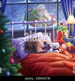 Abbildung eines Mädchens, das am heiligabend gut schläft Stockfoto