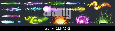 Space Guns, Vfx-Effekt, Explosion, Laser-Blaster mit Plasmabildern und Strahlen. Raygun-Pistolen, Kinderspielzeug oder futuristische Alien-Waffe. Spiele Comic-Energie-Phaser mit farbenfrohen Lightnings Cartoon-Vektorset Stock Vektor