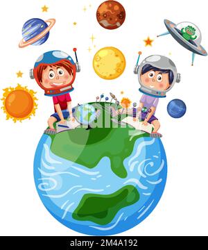 Kinder sitzen auf der Erde in Astronomie-Motto-Illustration Stock Vektor