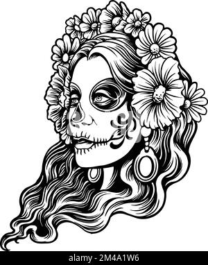 Frau Dia de los muertos skizziert Vektorbilder für Ihr Arbeitslogo, Merchandise-T-Shirt, Aufkleber und Etikettendesigns, Poster, Grußkarten Stock Vektor