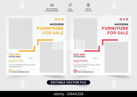 Werbevorlage für kreative Haushaltsgeräte für Social-Media-Marketing. Möbelverkauf mit Rabattposter in Rot und Gelb. Modernes f Stock Vektor