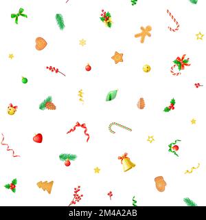 Nahtloses Vektormuster mit Weihnachtsschmuck und Dekorationen auf weißem Hintergrund. Stock Vektor