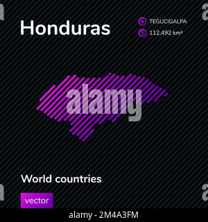 Vector kreativ Digital Neon flach abstrakte einfache Karte von Honduras mit violetter, violetter, pinkfarbener Streifenstruktur auf schwarzem Hintergrund. Informationsbanner, S. Stock Vektor