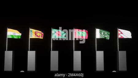 Abbildung der Kurve der südasiatischen Landesflagge, Abbildung des asiatischen Landes 3D, Abbildung des isolierten schwarzen Hintergrunds Stockfoto