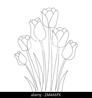 tulip Line Art Blumenmalerei zum Drucken von Vorlagen mit durchgehender schwarzer Kontur Stock Vektor