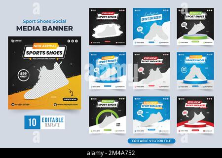 Moderner Schuh-Business-Promotions-Vorlagensatz Vektor mit Rabattbereich. Sneaker Sale Social Media Post-Design-Paket für digitales Marketing. Stock Vektor