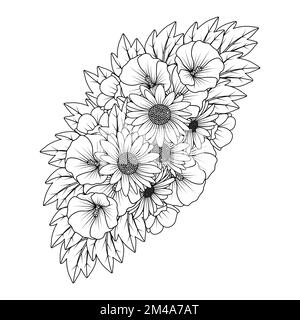 gänseblümchen- und Hollyhockblume Zen-Doodle-Art-Design in detaillierter Clip-Art-Vektorgrafik Stock Vektor