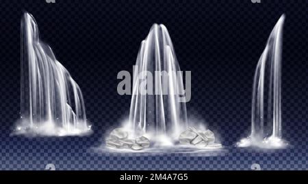 Wasserfälle isoliert auf transparentem Hintergrund. Vektor realistische Fluss Wasserfall mit Kaskade, Spritzer, Nebel und Felsen. Set von flüssigen Bächen, Strömung von reinem Aqua, Dusche oder regen Stock Vektor