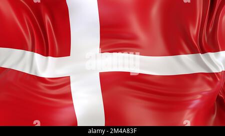 Dänische Flagge mit Reflexionen. Land. 3D-Darstellung rendern Stockfoto