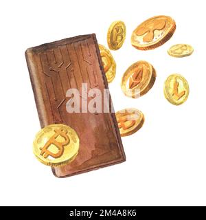 Digitale Krypto-Geldbörse mit Münzen. Handgezeichnete Aquarelldarstellung isoliert auf weißem Hintergrund Stockfoto