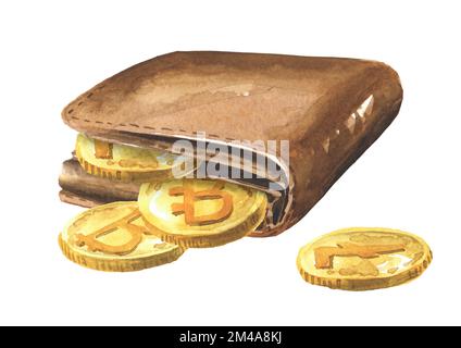Digitale Krypto-Brieftasche. Handgezeichnete Aquarelldarstellung isoliert auf weißem Hintergrund Stockfoto
