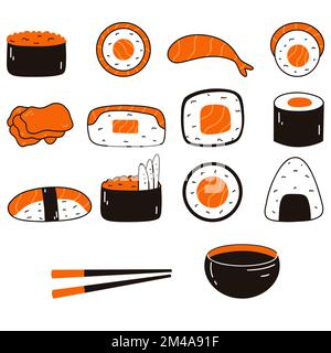 Sushi-Set mit Sojasoße, Ingwer, Wasabi und Essstäbchen im Kritzelstil. Handgezeichnete Darstellung der traditionellen japanischen Küche Stock Vektor