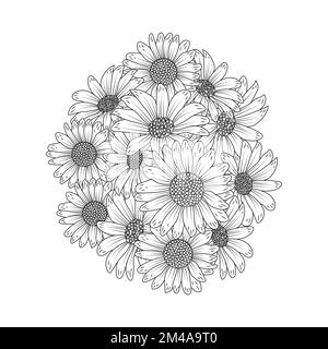 blütenmotiv für Erwachsene mit schwarzer Linie und wunderschönem Blumenstrauß Stock Vektor