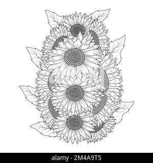Sonnenblumen-Vektordesign mit blühenden Blütenblättern für Erwachsene, mit Bücherblattblumen Stock Vektor