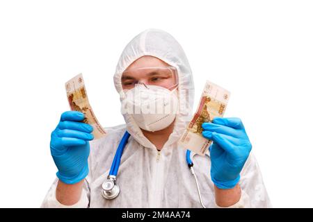 Mann Arzt in Schutzanzug Uniform mit Schutzbrille und Gesichtsmaske, isoliert auf weißem Hintergrund. Sanitäter bei weissen antiviralen Gerinnseln Stockfoto