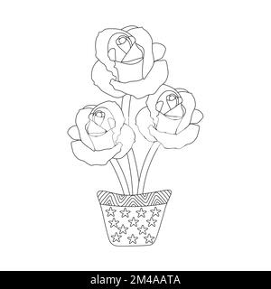 Rosenblütenvase mit farbigem Seitenelement und grafischem Bleistiftmuster Stock Vektor