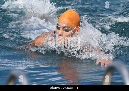 ISTANBUL, TURKIYE - 02. JULI 2022: Undefinierter Athlet, der während des Maltepe Water Sports Festival in der Schwimmkomponente des Aquathlons teilnimmt Stockfoto