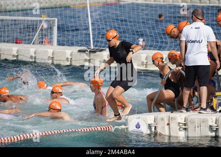 ISTANBUL, TURKIYE - 02. JULI 2022: Sportler, die während des Maltepe Water Sports Festivals in der Schwimmkomponente des Aquathlons gegeneinander antreten Stockfoto