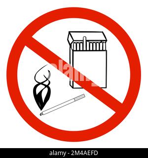 Rotes Rauchverbot-Schild mit durchgestrichener Zigarettenpackung und isolierter Raucherzigarette auf weißem Hintergrund. Vektorsymbol oder Designelement. Stock Vektor