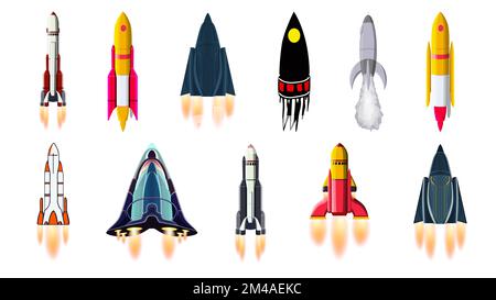 Eine Reihe von Cartoon-Raumraketen mit Flammen aus Düsen, isoliert auf weiß. Vektor-Clipart. Stock Vektor