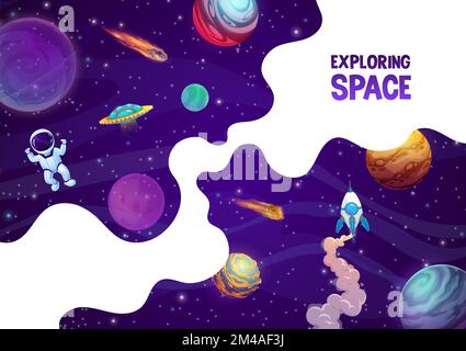 Landing-Page-Raum, Cartoon-Rakete, Astronaut, Raumplaneten und Sterne. Vektorhintergrund mit lustigem Kosmonauten, der schwerelos fliegt und die äußere Galaxie mit Asteroiden, ufo und Raumschiff erkundet Stock Vektor