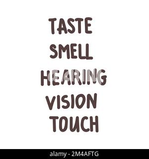 Fünf Liniensymbole für die menschlichen Sinne. Sehen, riechen, hören, berühren, schmecken. Menschliche Sinnesorgane. Augen-, Nase-, Ohr-Hand-Mund-Symbol-Set Stock Vektor