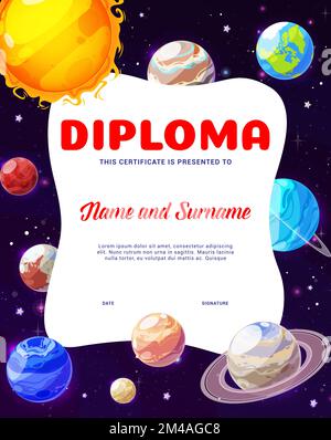 Kinderdiplom. Cartoon-Sonnensystem und Raumplaneten. Gewinner des Kinderwettbewerbs oder Schulkinder Abschlusszeugnis oder Abschluss mit den Planeten Sun, Earth, Saturn und Mars Stock Vektor