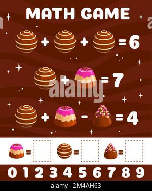 Cartoon-Schokoladenbonbons. Arbeitsblatt für Mathematik-Spiele. Mathematische Spielaktivität für Kinder, Additions- und Subtraktionsvektorspiel oder Puzzle für Kinder mit Pralinen-Schokoladendessert und süßen Trüffelbonbons Stock Vektor