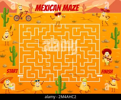 Labyrinth-Labyrinth-Spiel. Mexikanische Nacho-Chips-Charaktere. Kinder puzzlen Vektor-Arbeitsblatt, Pathfinding-Rätsel oder „Find Way“-Quiz mit Cartoon-Nachos, Sombrero-Hüten, Gitarre und Maracas im Hintergrund der Wüste Stock Vektor