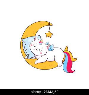 Cartoon niedliche Caticorn-Figur. Weiße Vektorkatze mit farbenfrohem Regenbogenschwanz, die auf dem Mond schläft. Lustiges magisches Kätzchen mit Horn Schlaf auf Halbmond mit Kissen und goldenem Stern. Kätzchen-Kawaii-Persönlichkeit Stock Vektor