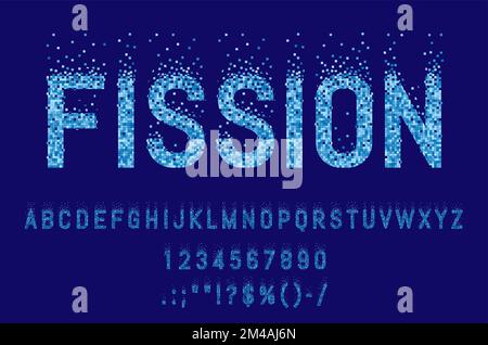Geteilte Pixelschriftart für Mosaik, Schriftart für Spaltung oder Halbton und Poolalphabet, Vektortypografie-Buchstaben. Teilen Sie Mosaiktexte von quadratischen Fliesen aus dem Swimmingpool oder blaue Bits für ABC-Schriftsatz Stock Vektor