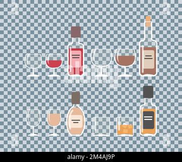 Flaschen und Gläser mit Alkohol auf transparentem Hintergrund Stock Vektor