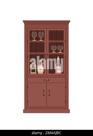 Mahagoni-Weinschrank mit Gläsern und Flaschen, isoliert auf weißem Hintergrund Stock Vektor