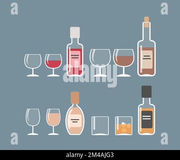 Flaschen und Gläser mit Alkohol auf grauem Hintergrund Stock Vektor