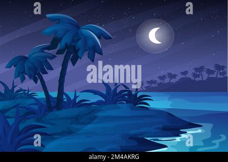 Tropische Insel, Ozeanszene bei Nacht, Mond und Sterne, Sand und Palmen, wunderschöne Outdoor-Szene im Cartoon-Stil. Vektordarstellung Stock Vektor