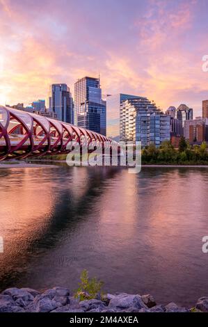 Calgary, Alberta - 11. September 2020: Blick auf die Skyline von Calgary mit der Peace Bridge, die während eines lebhaften Sonnenaufgangs an prominenter Stelle steht. Stockfoto