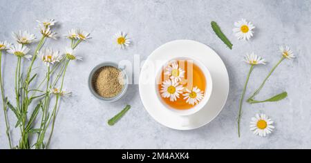 Gesunde Unterlage mit Kamillentee in einer weißen Tasse, Vase, trockenem Tee und Blumen Gänseblümchen auf blauem Hintergrund. Bild in der Draufsicht Stockfoto