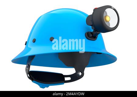 Gelber Schutzhelm oder harte Kappe mit Taschenlampe isoliert auf weißem Hintergrund. 3D Darstellung und Darstellung von Kopfbedeckungen und Handyman-Werkzeugen Stockfoto